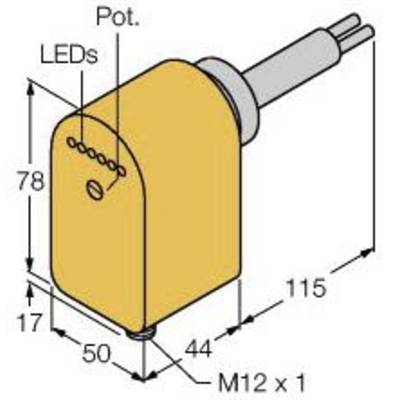 Diagram urządzenia elektronicznego z wymiarami: wysokość 78, szerokość 50, głębokość 115 mm. Oznaczenia diod LED i potencjometrów.