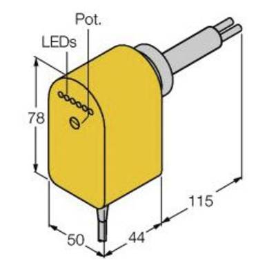 Żółty element elektroniczny z oznaczonymi wymiarami: 78x50x44 mm, włączając w to diody LED i potencjometr z wyprowadzeniami po prawej stronie.