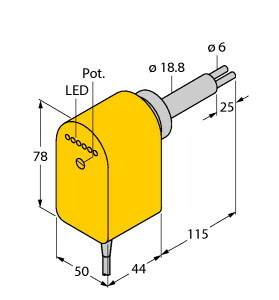 Rysunek techniczny: Żółta obudowa z diodą LED i potencjometrem. Wymiary: wysokość 78 mm, szerokość 50 mm, głębokość 115 mm. Średnica kabla: 6 mm.