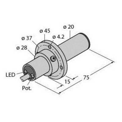 Rysunek techniczny cylindrycznego elementu z wymiarami. Średnica od 20 do 45 mm, długość 75 mm. Oznaczenia dla diody LED i potencjometru.