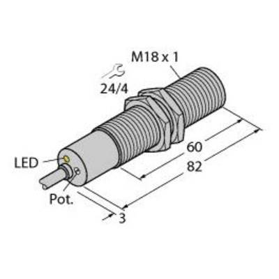 Cylindryczny czujnik z gwintem M18x1 o całkowitej długości 82 mm. Średnica wynosi 18 mm. Po lewej stronie znajduje się złącze LED.