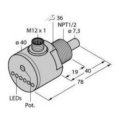 Rysunek techniczny cylindrycznego czujnika z gwintem M12 x 1 i przyłączem NPT1/2, z uwzględnieniem wymiarów i wskaźników LED.