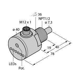 Rysunek techniczny cylindrycznego czujnika o wymiarach: długość 78 mm, średnica 40 mm, złącze M12 x 1, NPT1/2, z zaznaczonymi diodami LED.