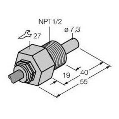 'Rysunek techniczny adaptera gwintowego o parametrach: NPT1/2, średnica 7,3 mm, długość 55 mm. Rozstaw klucza 27 mm.'