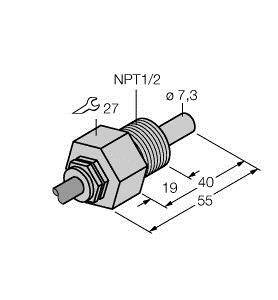 Rysunek techniczny adaptera gwintowego z gwintem NPT1/2", Ø 7,3 mm. Wymiary: 19 mm, 40 mm, 55 mm. Rozmiar klucza płaskiego 27.