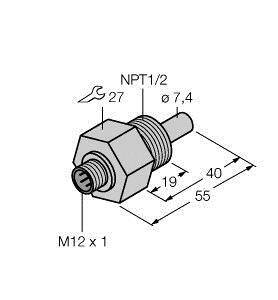 Czarno-biały techniczny rysunek cylindrycznej części z gwintem, oznaczeniami 'NPT 1/2', 'M12 x 1' oraz wymiarami w mm.