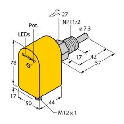 Żółty czujnik z zintegrowanymi diodami LED i gwintem NPT1/2. Wymiary: 78 mm wysokości, 50 mm szerokości. Złącze: M12 x 1.