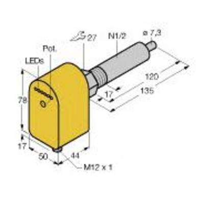 Schemat przedstawia cylindryczny czujnik. Wymiary: długość 135 mm, średnica 27 mm. Złącze: M12 x 1. Funkcje: diody LED, potencjometr N1/2.