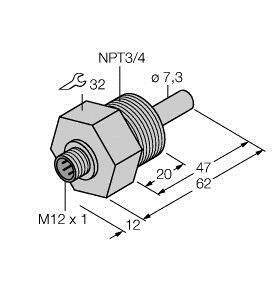 Rysunek techniczny adaptera z gwintem NPT3/4 z wymiarami: średnica zewnętrzna 32, średnica wewnętrzna 7,3 oraz długości 20 i 47 mm.