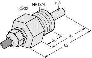 Rysunek techniczny elementu złącznego z gwintem NPT 3/4. Wymiary długości: 62, 47 i 20 mm, Ø 32 i Ø 8.