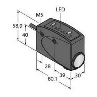 Rysunek techniczny czujnika o wymiarach 58,9 mm x 40 mm x 80,1 mm. Przedstawia wskaźniki LED, śrubę M5 oraz soczewkę optyczną.