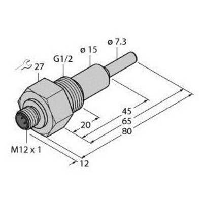 Rysunek techniczny metalowej śruby pustej z podaniem długości i średnic: G1/2, M12x1, ø15, ø7,3. Długości: 80, 65, 45, 20, 12 mm.