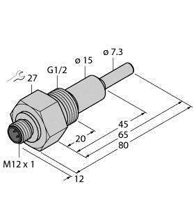 Rysunek techniczny czujnika ze specyfikacją gwintów: G1/2, M12x1. Wymiary: Ø7,3, Ø15, długość 45/65/80 mm. Rozmiar klucza 27.