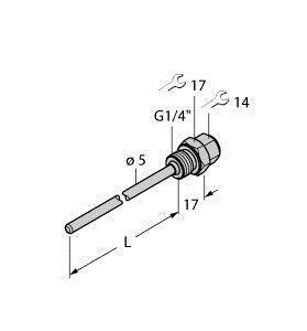 Rysunek złącza rurowego z gwintem 'G1/4"', średnicą 5 mm, długością L. Przedstawione dwa klucze płaskie o rozmiarach 17 i 14.
