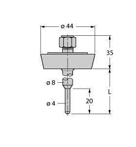 Rysunek techniczny śruby z wymiarami: średnica 44 mm u góry, 8 mm w środku, 4 mm u dołu; długość oznaczona jako 35 mm i 20 mm.