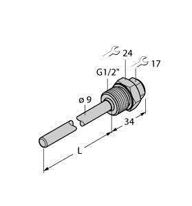 Diagram elementu łączącego o kształcie cylindrycznym z gwintem 'G1/2"', średnicy zewnętrznej 9 mm i długości 'L'.
