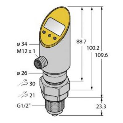 Rysunek przemysłowego czujnika z wymiarami: wysokość 109,6 mm, średnica górna 34 mm, dolna 26 mm. Gwint przyłączeniowy G1/2'', M12 x 1.