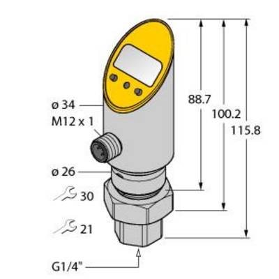 Czujnik przemysłowy z wyświetlaczem cyfrowym, żółbudką obudową i różnymi rozmiarami przyłączy. Wysokość: 100,2 mm, przyłącze: G1/4".