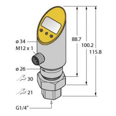 Ilustracja czujnika z wymiarami: całkowita wysokość 115,8 mm, średnica 34 mm, złącze gwintowane G1/4".