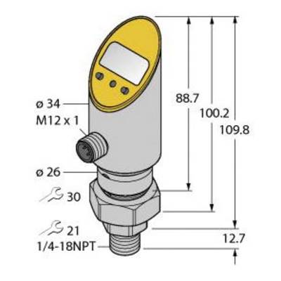 Rysunek cylindrycznego przyrządu pomiarowego z wyświetlaczem cyfrowym. Wymiary: wysokość 109,8 mm, szerokość 34 mm. Przyłącza: M12 x 1 oraz 1/4-18NPT.