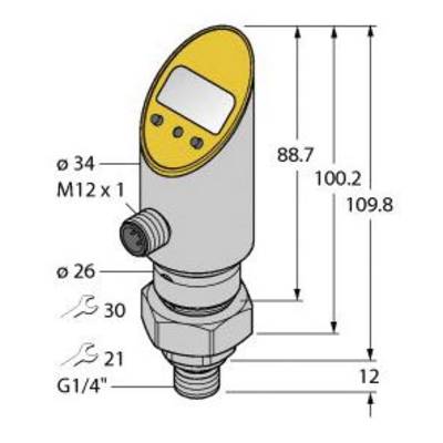 Schemat czujnika z wymiarami: całkowita wysokość 109,8 mm. Szerokość góra 34 mm, dół 21 mm. Złącza M12 x 1, G1/4".