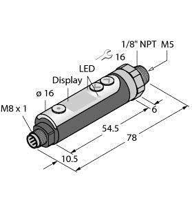 Rysunek techniczny cylindrycznego czujnika z wyświetlaczem LED, wymiarami, przyłączami (1/8" NPT M5, M8 x 1) i oznaczeniem średnicy Ø16.