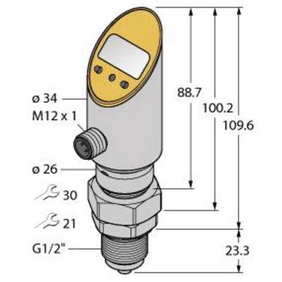 'Rysunek czujnika z wymiarami: wysokość 109,6 mm, szerokość 34 mm, gwint M12, złącze G1/2". Dwie wielkości klucza sześciokątnego: 21 mm i 30 mm.'