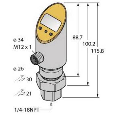 Cylindryczny czujnik z wyświetlaczem cyfrowym, przedstawiony z wymiarami w milimetrach. Wymiary: wysokość 115,8 mm, szerokość 34 mm.