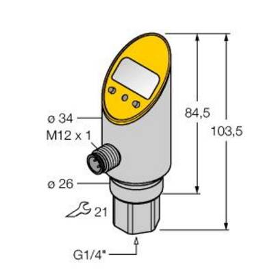 Cyfrowy miernik ciśnienia z żółtym wyświetlaczem. Wymiary: wysokość 103,5 mm, średnica 34 mm, przyłącze M12 x 1 oraz G1/4".