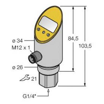 Rysunek elektronicznego czujnika ciśnienia z wymiarami: całkowita długość 103,5 mm, średnica 34 mm, gwint przyłączeniowy G1/4".