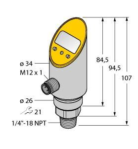 Cylindryczny czujnik z cyfrowym wyświetlaczem na górze, o wymiarach ø34 mm, wysokość 107 mm. Przyłącza: M12 x 1, ø26 mm oraz 1/4"-18 NPT.