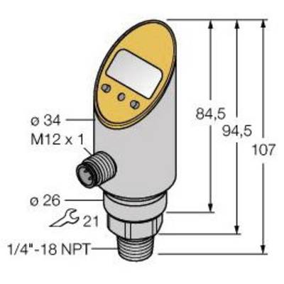 Diagram czujnika z wymiarami: wysokość 107 mm, średnica 34 mm u góry z wyświetlaczem i przyciskami; złącza: M12 x 1, 1/4"-18 NPT.
