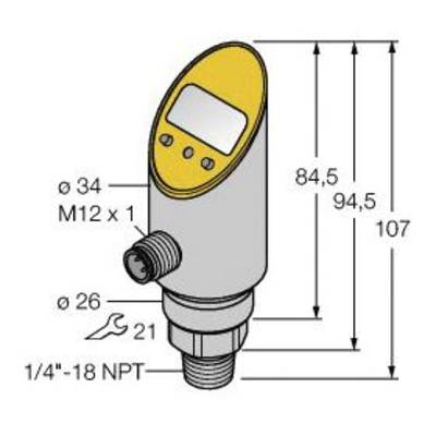 Ilustracja cylindrycznego czujnika o wymiarach: wysokość 107 mm, szerokość 34 mm. Przyłącze: M12 x 1, 1/4''-18 NPT.