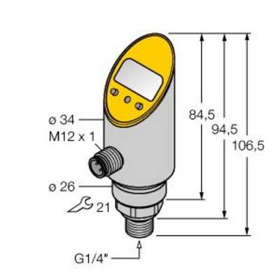 Diagram czujnika z wymiarami: wysokość 106,5 mm, szerokość 34 mm. Przedstawia złącza M12 x 1 i G1/4'', oraz dodatkowe złącze o średnicy 26 mm.