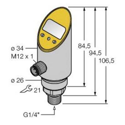 Diagram czujnika z wymiarami: wysokość 106,5 mm, szerokość 34 mm, złącze M12 x 1 oraz G1/4''. Przedstawia wyświetlacz i przyciski.