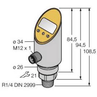 Rysunek czujnika o wymiarach: wysokość 108,5 mm, szerokość 34 mm. Złącze M12, gwint R1/4. Elementy wskaźnikowe i sterujące u góry.