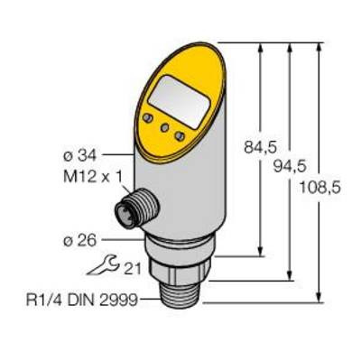 Ilustracja czujnika o wymiarach: wysokość 108,5 mm, średnica 34 mm. Przyłącza: M12 x 1, R1/4 DIN 2999. Rozmiar klucza: 21 mm.