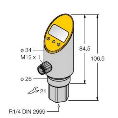 Cyfrowy wskaźnik ciśnienia z żółtym wyświetlaczem, bocznym przyłączem kablowym o wymiarach: wysokość 106,5 mm, średnica 34 mm. Oznaczenie 'R1/4 DIN 2999'.