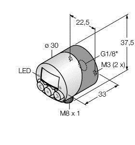 Rysunek techniczny cylindrycznego czujnika z wymiarami. Przedstawia możliwości podłączenia, rozmiary gwintów 'M8 x 1', 'G1/8"' oraz dwa 'M3'.