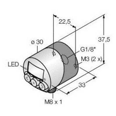 Rysunek techniczny cylindrycznego urządzenia z wyświetlaczem LED, mocowaniem M8 x 1, długością 37,5 mm i średnicą 30 mm.