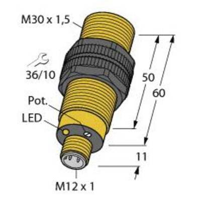 Czujnik z gwintem M30 x 1,5, wyświetlaczem LED i złączem M12 x 1. Wymiary: długość 60 mm, szerokość 36/10 mm, głębokość gwintu 11 mm.