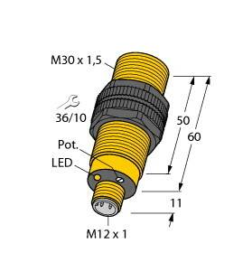 Rysunek techniczny czujnika o wymiarach: długość 60 mm, średnica M30 x 1,5. Wyposażony w potencjometr i wskaźnik LED.