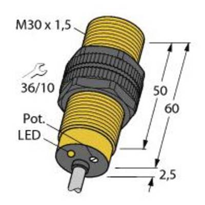 Elektryczny wtyk gwintowany M30 x 1,5. Oznaczenia wskazują wymiary: 50 i 60 mm długości, 2,5 mm średnicy. Zawiera potencjometr i diodę LED.