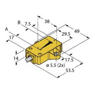 Żółty prostokątny element konstrukcyjny ze strzałką i wymiarami: B = 7,5, A = 38, długość 53,5, wysokość 17. Wskazówki dotyczące otworów o średnicy 5,5.