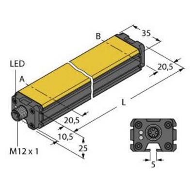 Rysunek techniczny prostokątnego urządzenia o wymiarach: szerokość 35 mm, długość 20,5 mm, wysokość 10,5 mm. Zaznaczone złącza i dioda LED.