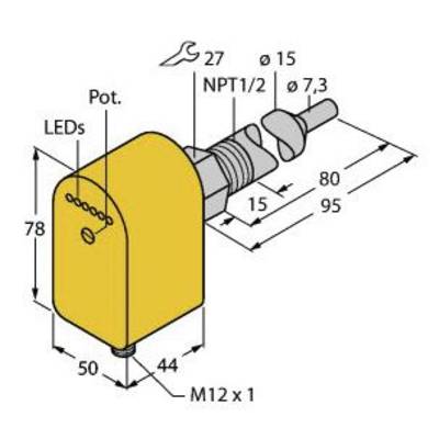 Żółty element przyłączeniowy z wymiarami i oznaczeniami: Długość 95, Szerokość 44, Wysokość 78. Przyłącza: NPT1/2, M12 x 1, Diody LED, Potencjometr.