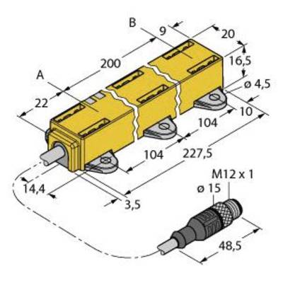 Rysunek techniczny prostokątnej żółtej części z przyłączami elektrycznymi. Wymiary w milimetrach, wtyk M12 x 1.
