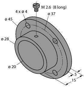 Izometryczny rysunek części okrągłej z wymiarami: średnica zewnętrzna 45 mm, otwór wewnętrzny 28 mm, otwory mocujące 4 x ø4 mm, śruba M 2.6 (długość 8 mm).