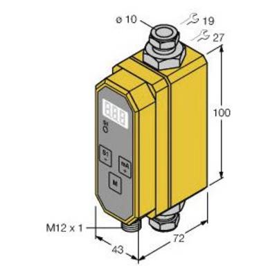 Żółty czujnik z cyfrowym wyświetlaczem u góry. Wymiary: 100 mm wysokości, 72 mm szerokości, 43 mm głębokości. Gwint M12 x 1. Rozstaw klucza 19 i 27.
