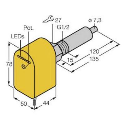 Diagram cylindrycznego czujnika o wymiarach: długość 135 mm, średnica 7,3 mm. Oznaczenia dla diod LED i potencjometru.